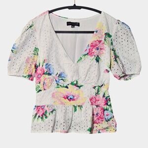 Slate & Willow Floral Eyelet Peplum Puff Sleeve Top White M Cottagecore Feminine